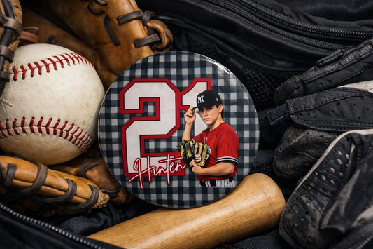 Custom Number + Picture Button- ANY SPORT